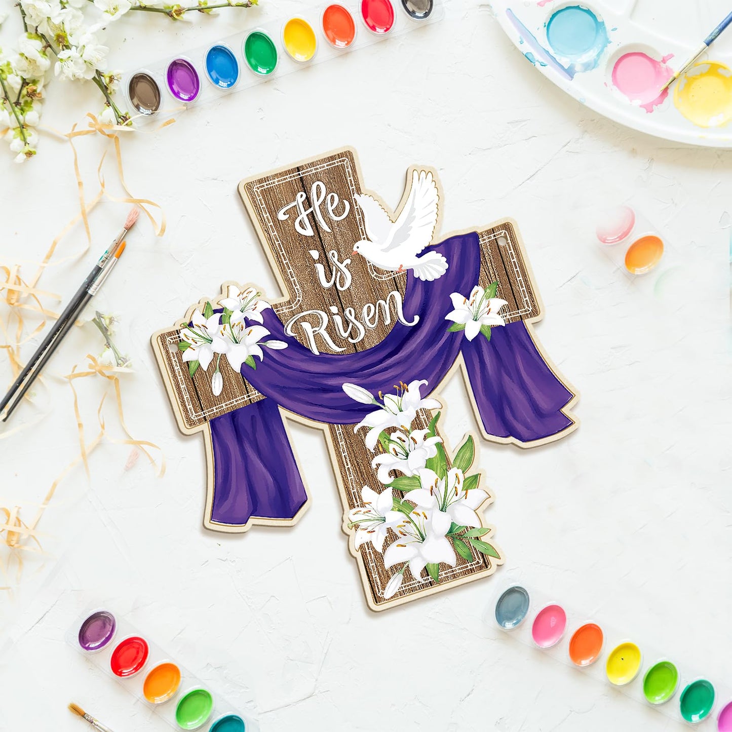 Large Size 12" Wooden Easter Ornaments to Paint,Wooden DIY Blank Unfinished Christian Religious Ornament Happy Easter Jesus He is Risen Door Sign Lily Cross Hanging Plaque Crafts Hanging Decorations