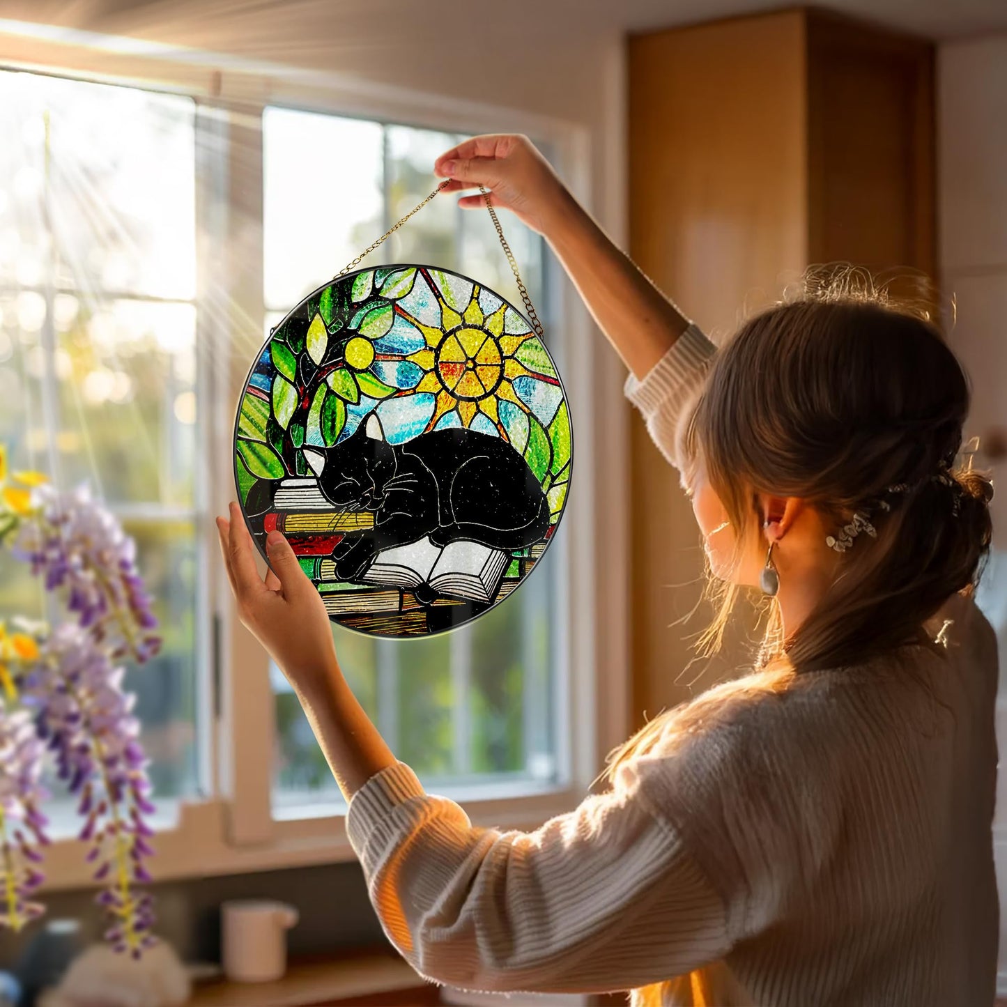 Stained Glass Window Hanging, 8 Inch Black Cat on Book Stained Glass Suncatcher, Window Decor Hanging, Cat Lover Gifts, Reading Decor, Bookish Gift, Librarian Gift, Book Lover Gifts