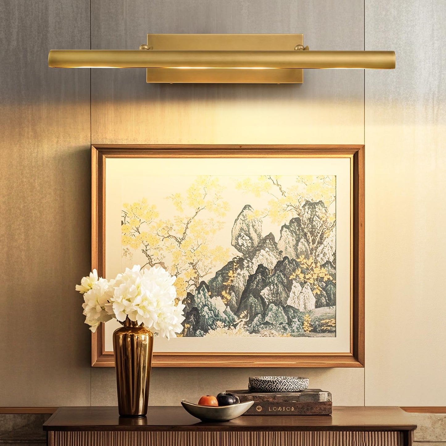 Art Picture Frame Wall Light: 30" Glod Antique Swing Arm Artwork Paintings - Dimmable Long Brass 4 Lights Over Photo Framed - Decorative Wall Lighting Above Painting for Gallery Museum Bulbs Included