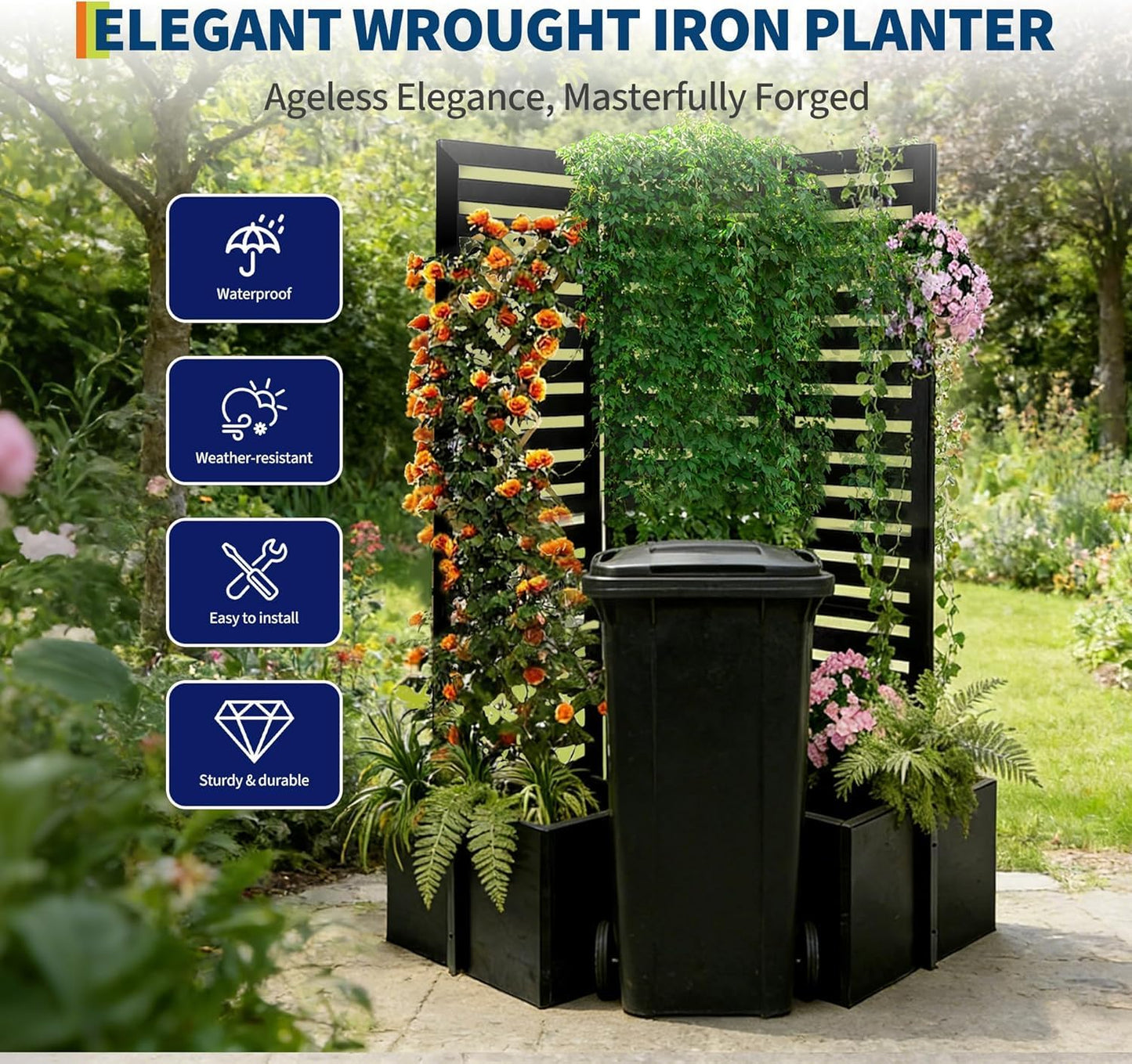 Garvee Metal Raised Garden Bed with Trellis and Privacy Screen, 71"H x 51"W x 31"D Garden Fence with 4 Self-Draining Raised Garden Beds for Climbing Plants Vegetables Vines, Outdoor Sturdy Planter Box