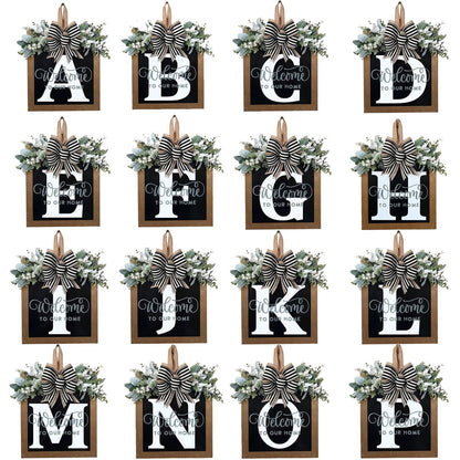 Last Name All Year Round Front Door Wreath with 26 Initial Letter Welcome Sign All Seasons Eucalyptus Garland and Bow ，Farmhouse, Porch, for Spring Summer Fall All Seasons Holiday Halloween Christmas.（K）