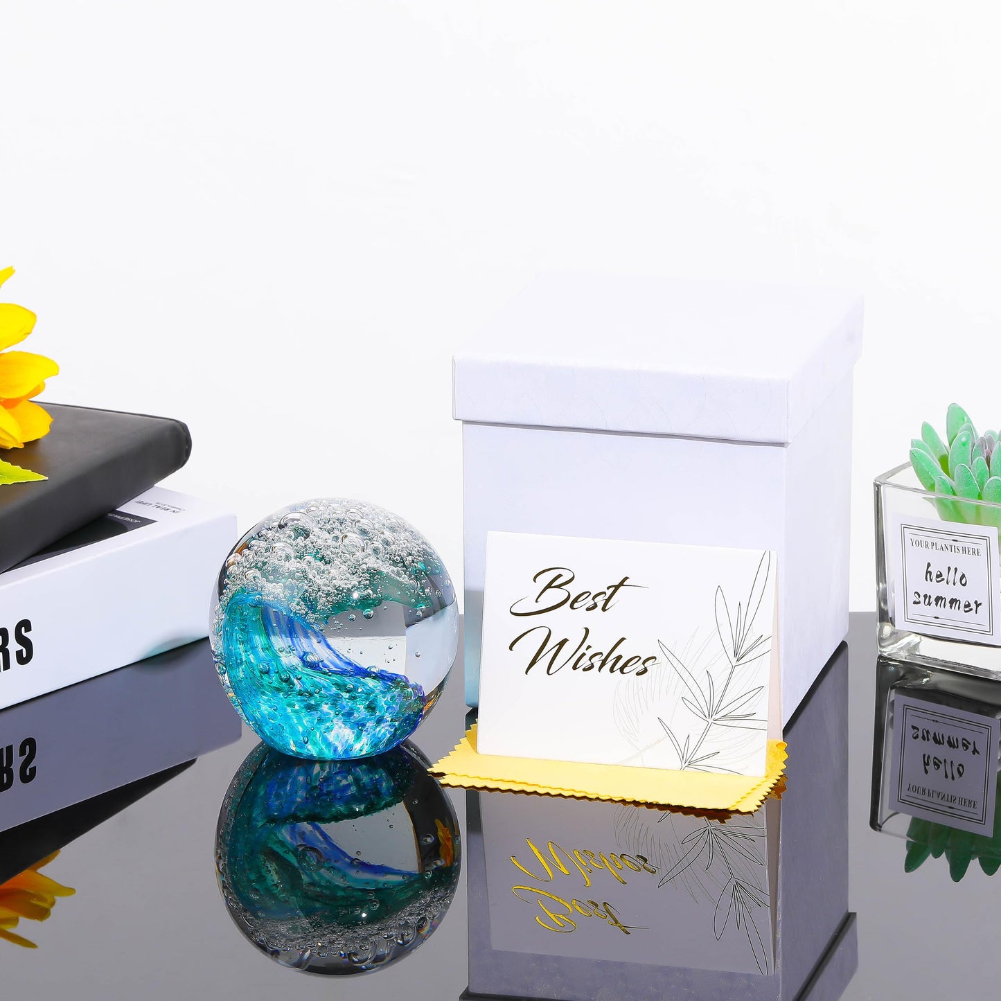 Qianwei Hand Blown Ocean Waves Crystal Ball - Glass Collectible Figurines Spere - Paperweight Glass Ball Aquarium DecorOffice Decor Ocean Lovers