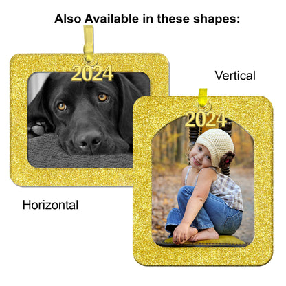 2024 Photo Ornaments for Christmas Tree, Sparkly Glitter Christmas Frame Ornament, Easy-Load Magnetic Design, Includes Satin Ribbon with Gold Charm Plus Photo Protector, Round, Gold