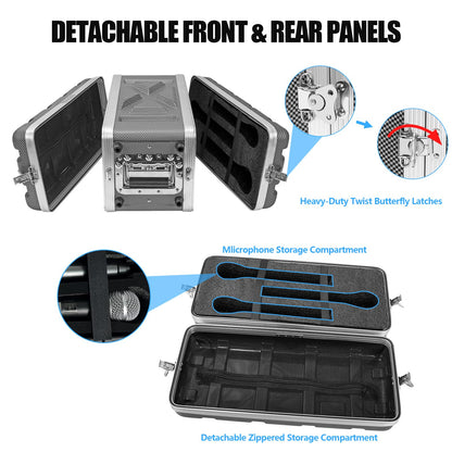 4U ABS Rack Case Shallow 8" Depth, 19" Rackmount Flight Road Travel Case, Waterproof Protective Hard Case with Customized Foam, Wireless Mic System Storage/Amp/Effect/DJ Mixer