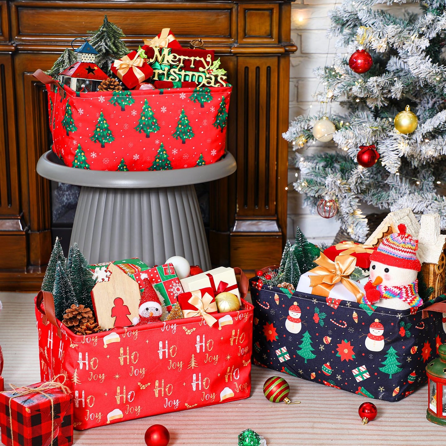 Yoojahow 3 Pack Christmas Storage Baskets Waterproof Canvas with Leather Handles Collapsible Storage Bins Cube Baskets for Closet Clothes Room Decor Gift Basket