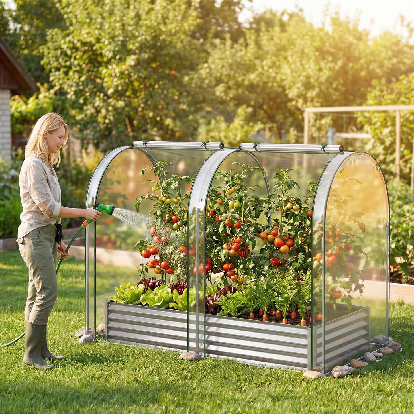 Giantex Galvanized Raised Garden Bed with Greenhouse Cover, 6x3x1 FT Outdoor Metal Oval Tall Planter Box with 2 Roll-up Windows, Clear PVC Mini Greenhouse for Vegetables Flowers Herbs Patio (Silver)