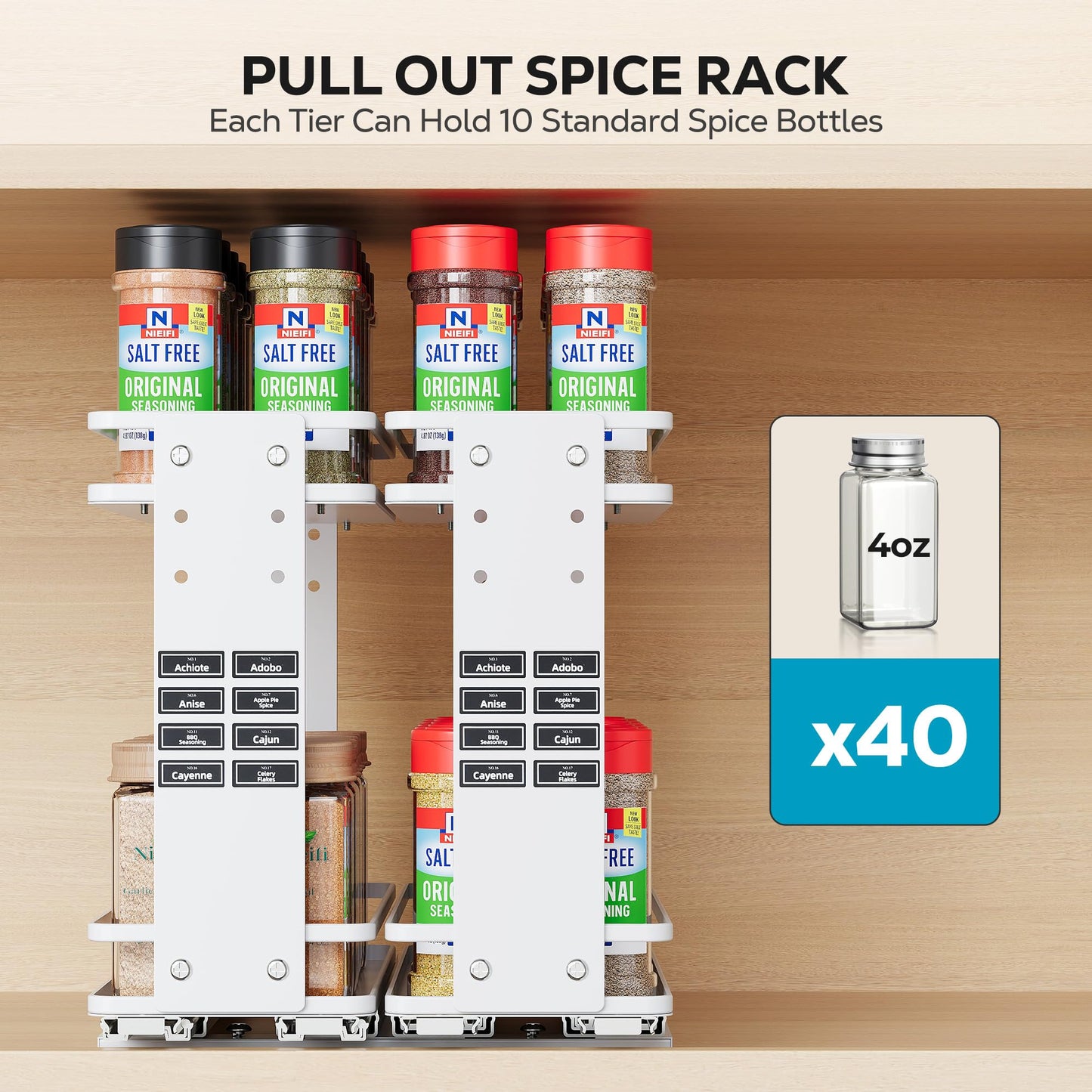 Nieifi Pull Out Spice Rack Organizer, 2 Tiers, White, Spice Organization for Cabinet, Height Adjustable, Easy to Install