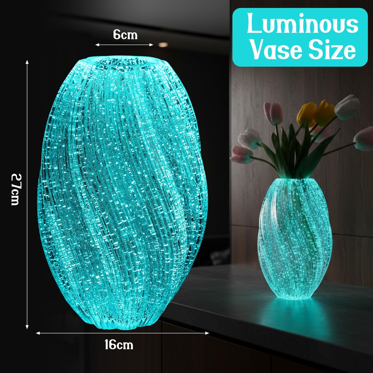 Ferrochef Handmade Glass Flower Vase Luminous Waves Decorative Modern Art Mouth Vase Home Decor Rustic Floral Arrangement Centerpiece for Living Dining Room Fireplace(Oval)
