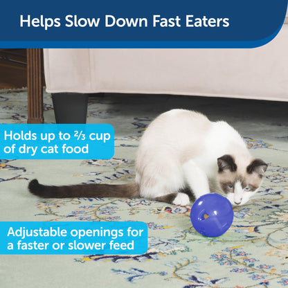PetSafe Slimcat Slow Feeder Ball for Cats - Interactive Puzzle Game for Your Cat - Fill with Food and Treats - Great for Indoor Play for Kittens and Adult Cats, Portion Control and Fast Eaters (Blue)