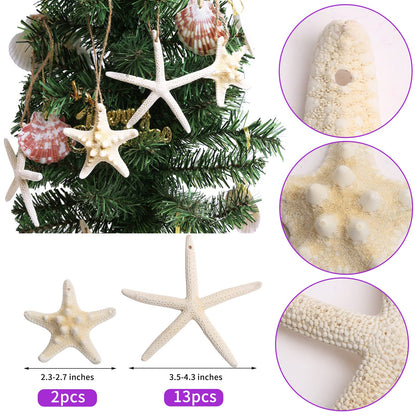 Christmas Starfish Tree Ornaments, 15pcs 2.3-4.3 Inch Hanging Star Fish Shells Decor for Crafts, Sea Stars for Beach Holiday Wedding Party Decorations