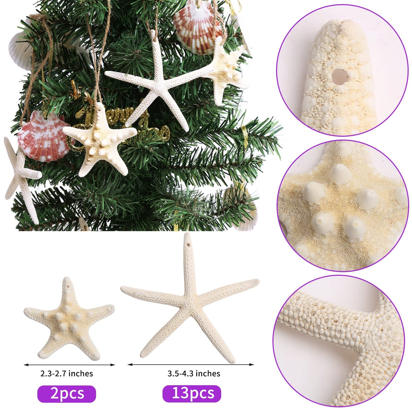 Christmas Starfish Tree Ornaments, 15pcs 2.3-4.3 Inch Hanging Star Fish Shells Decor for Crafts, Sea Stars for Beach Holiday Wedding Party Decorations