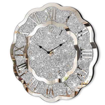 FEUFOAM Crushed Diamond Mirrored Wall Clock Silver Modern Crystal Clocks for Bedroom Unique Home Decorative Glass Mirror Hanging Clock for Living Room Office Dining Decor