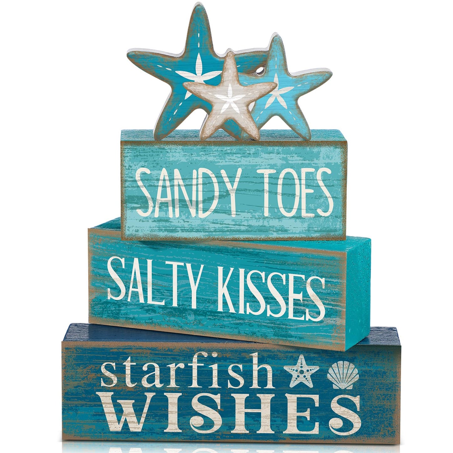 Yuntau 4 Pcs Summer Table Decorations Beach Tiered Tray Decor Starfish Coastal Rustic Wooden Block Sign Stacked Book Nautical Table Centerpiece for Farmhouse Home Living Room Office Desk Shelf Mantel