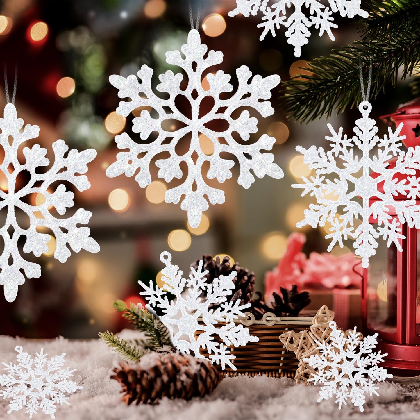 36 Pack White Snowflake Ornaments Plastic Glitter Snow Flakes Ornaments for Winter Christmas Tree Decorations Size Varies Craft Snowflakes