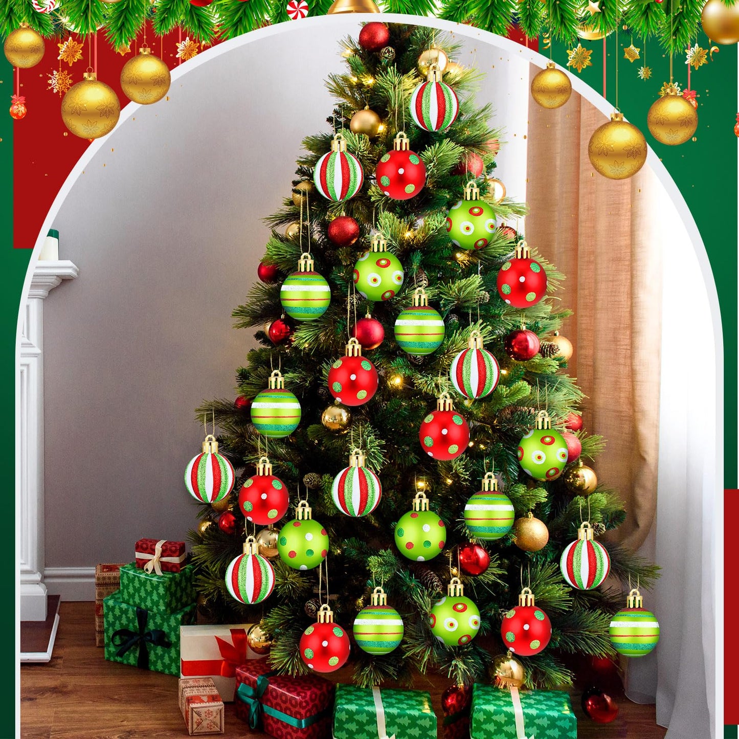 Jetec 24 Pcs Lime Green and Red Christmas Ball Ornaments for Tree 2.4 Inch Polka Dots Stripes Christmas Decorations Shatterproof Peppermint Candy Cane Xmas Baubles for Tree Home Wreath Party Decor