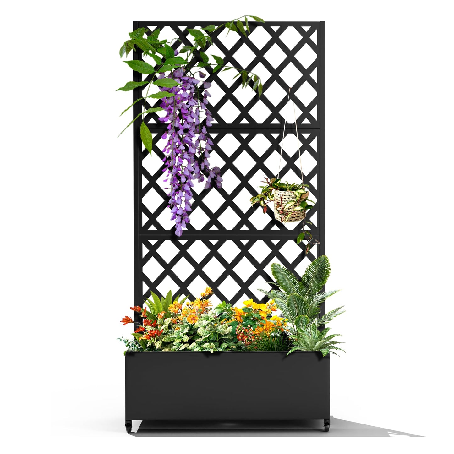 YESUNEED Metal Planter Trellis Box with Wheels & Drain Plug Outdoor Raised Garden Bed Patio Privacy Screen with Planter for Climbing Plants, Vegetables 73"x35"x16" Black-Diamond