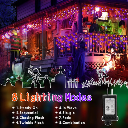 KNONEW 33FT 400 LED Orange Purple Halloween Lights Outdoor Black Wire String Lights with 75 Drops, 8 Lighting Modes, Timer Memory Function Connectable Hanging Curtain Lights for Halloween Party Decor