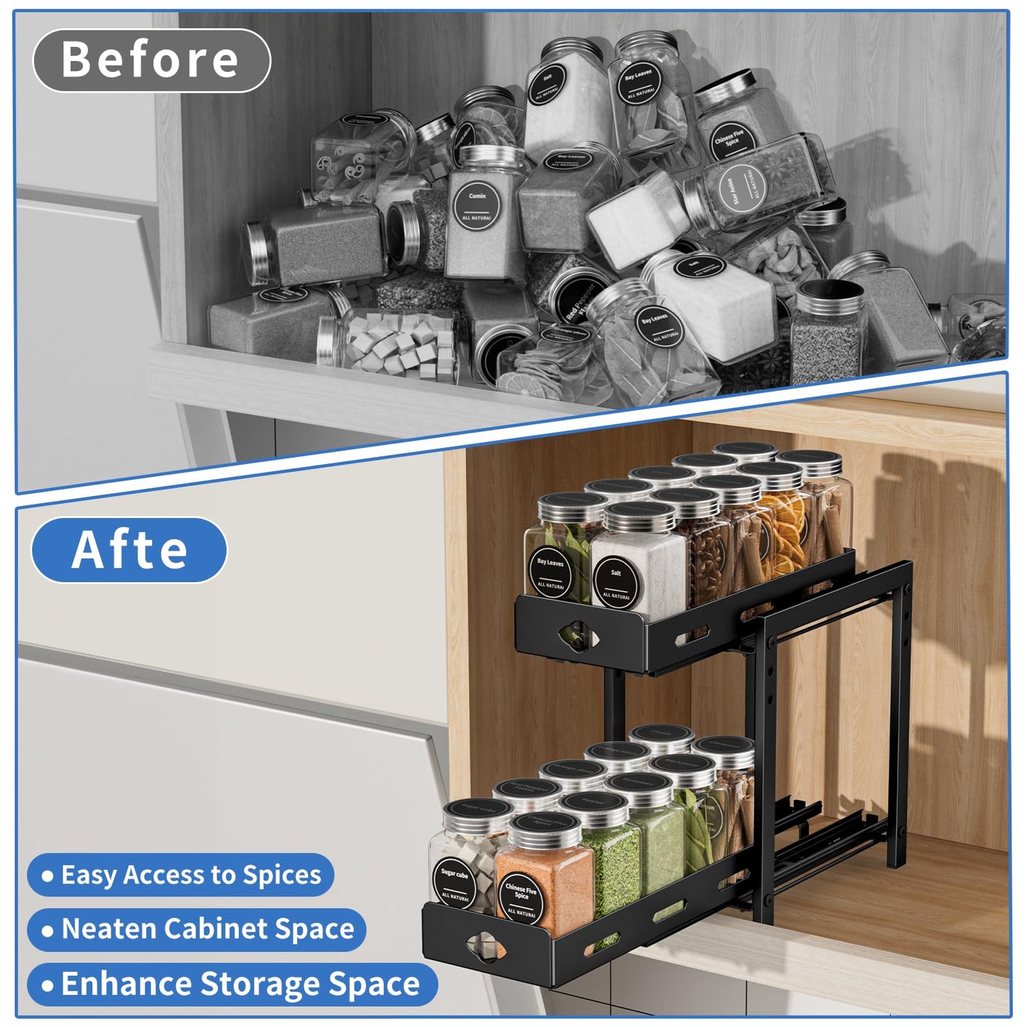 BOIVSHI Pull Out Spice Rack Organizer, 2-Tier Vertical Spice Rack, Height Adjustable for Kitchen Cabinet (5.3''Wx10.8''Dx9.2''H, Metal Black)