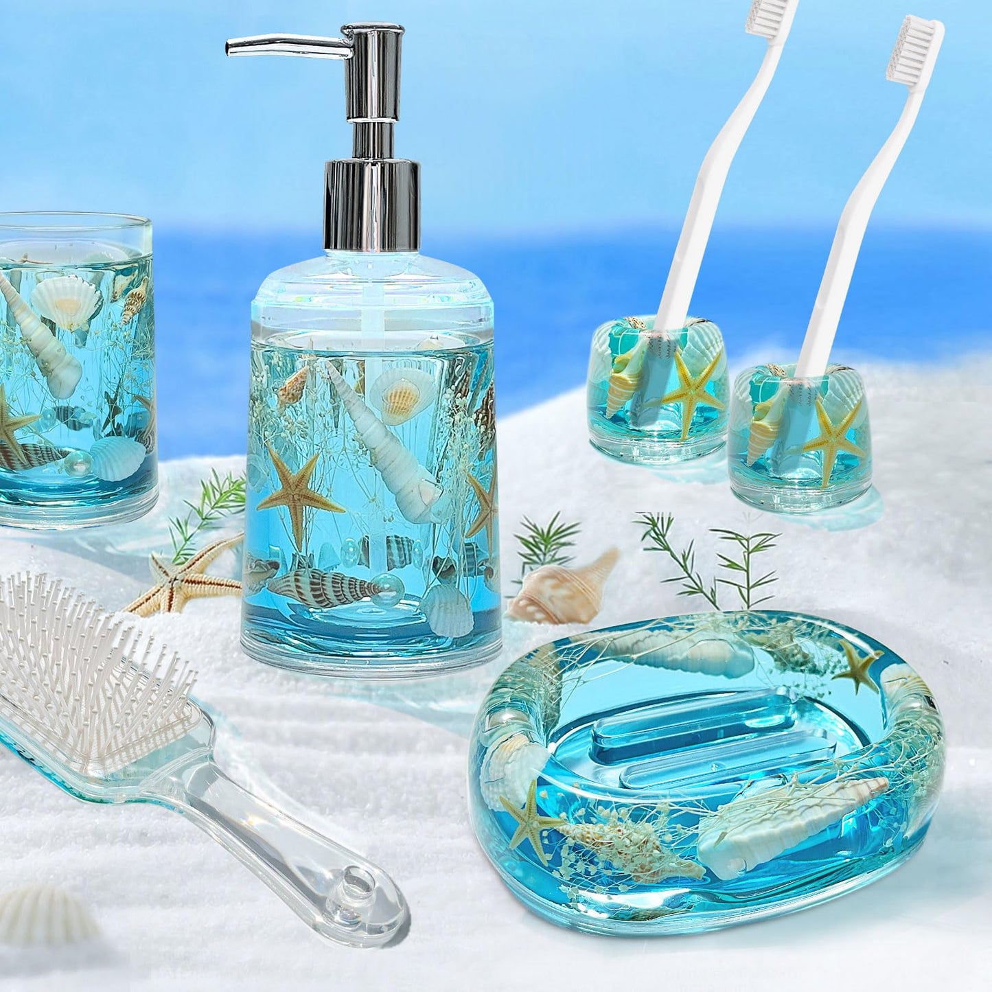 FONMY Soap Dish Acrylic w/Nature Seashell Bar Soap Holder Shower Soap Tray for Home, Camping Travel, Dry Stop soap Saver for Bathroom Vanity Countertop Office Unique Gifts and Home Decoration (Blue)