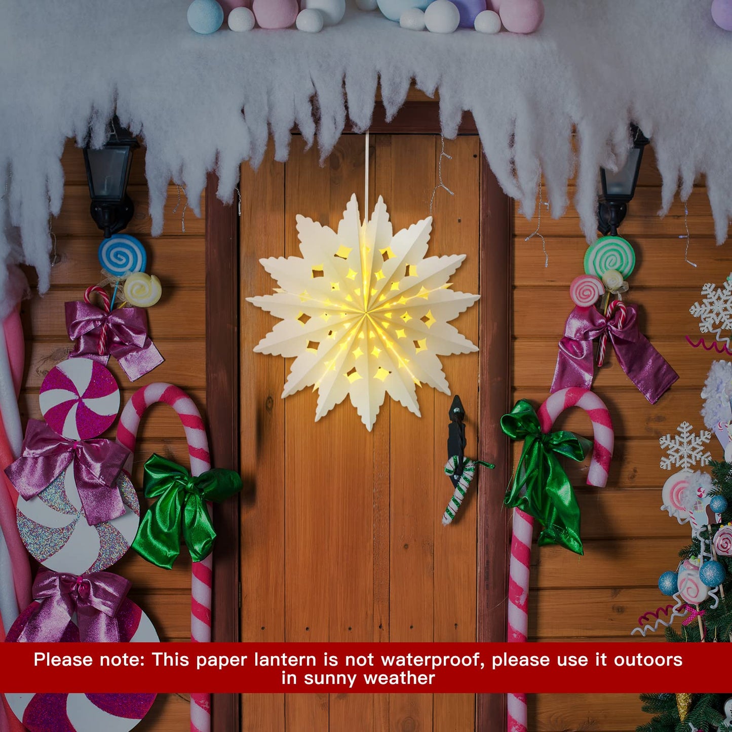 23.6 Inch Christmas Star Snowflake Paper Lantern with Light Timer Paper Lamp Party Supplies Hanging Decoration for Weddings Christmas Trees Birthday Holiday Party Celebration (Elegant Style)