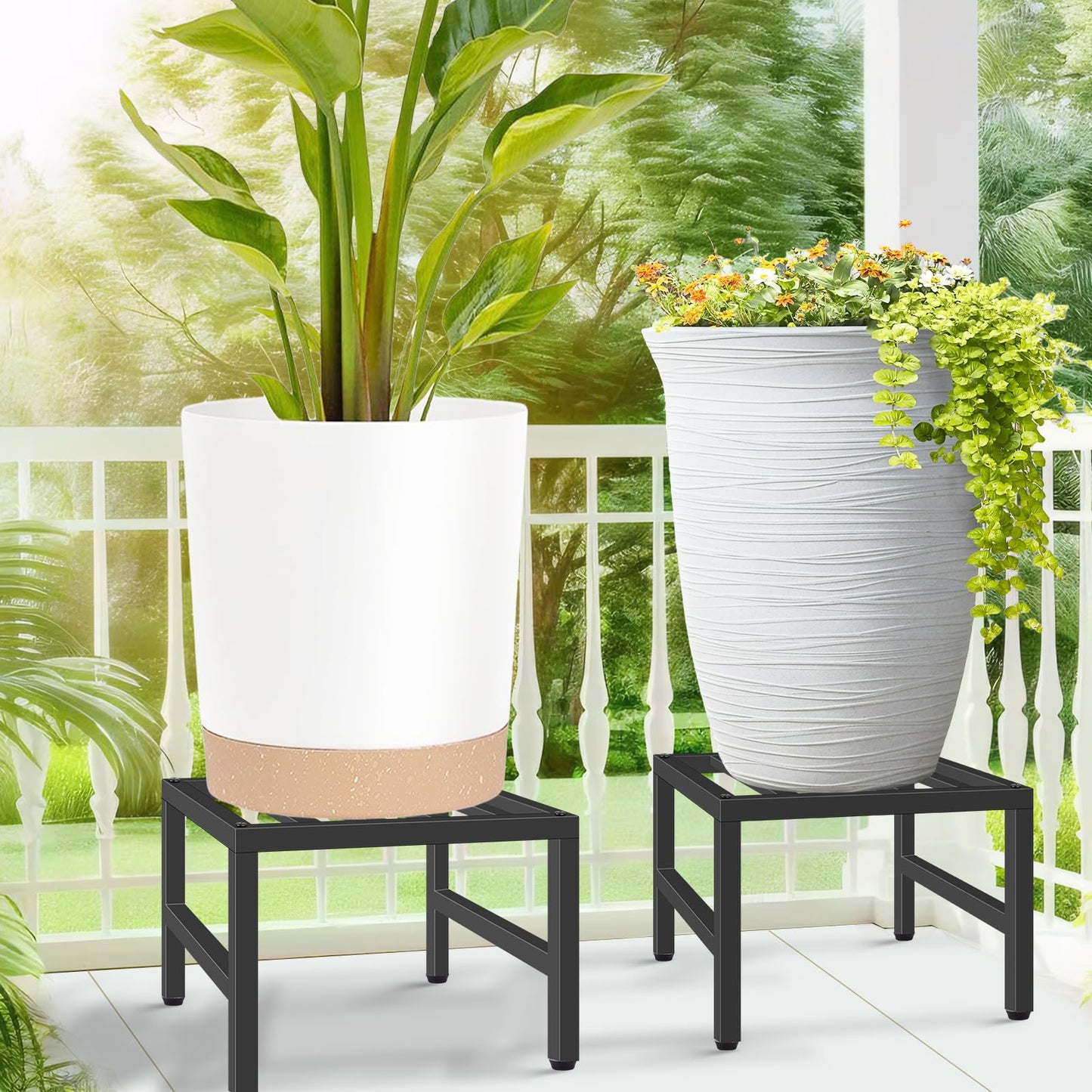 LLAXERGU Plant Stand Indoor Outdoor, Heavy Duty Wrought Iron Pedestal Stands Metal Plant Stand for Indoor Outdoor, Sturdy Low Flower Stand Display Planter Shelf, 2pcs, Black