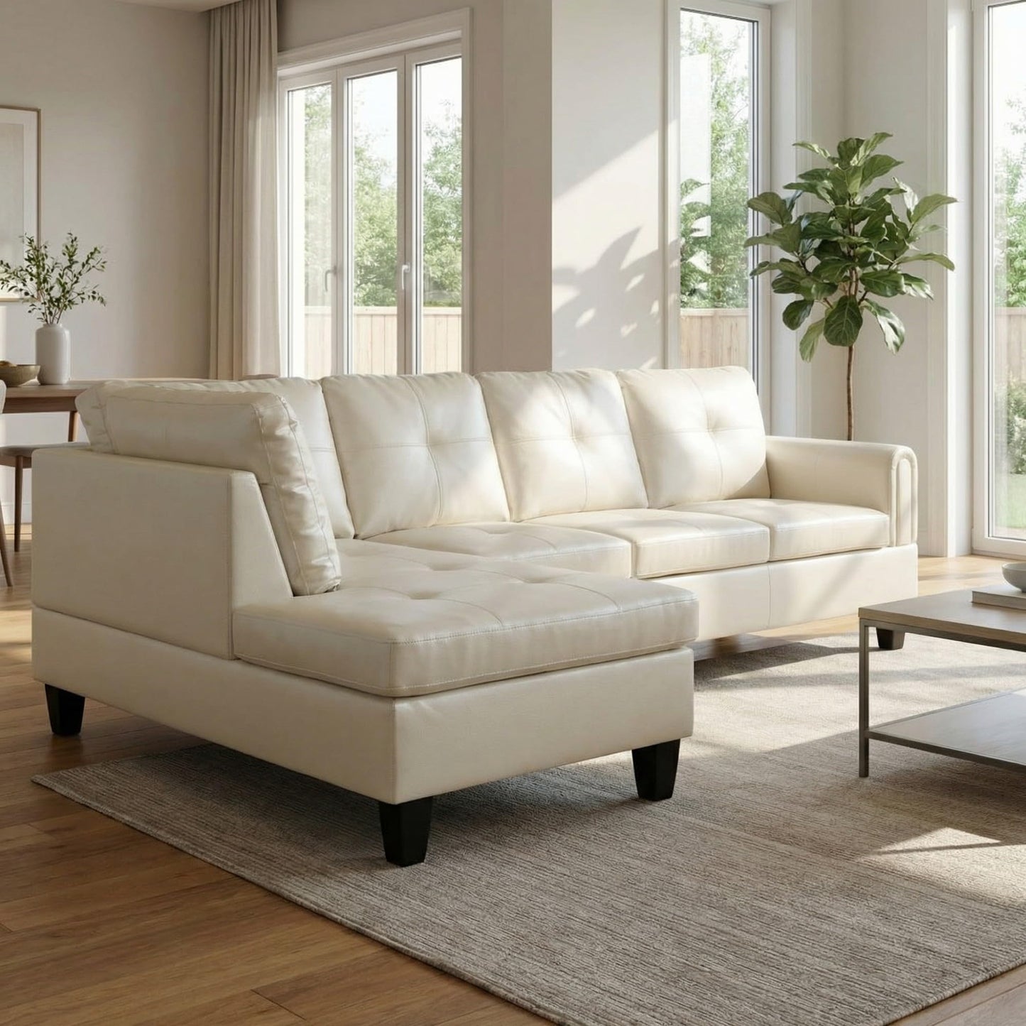 NicBex Leather Couches for Living Room, 2-Piece 97" L-Shaped Sectional Couch with Movable Chaise, Modern Sofa Living Room Set for Apartment, Office & Bedroom, Pearl White