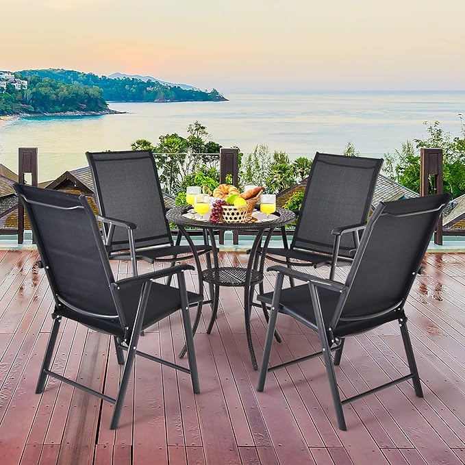 Giantex Set of 4 Patio Folding Chairs, Outdoor Chairs with Armrest, Portable Dining Chairs for Porch Camping Pool Beach Deck Lawn Garden, 4-Pack Patio Chairs, Metal Frame, Black