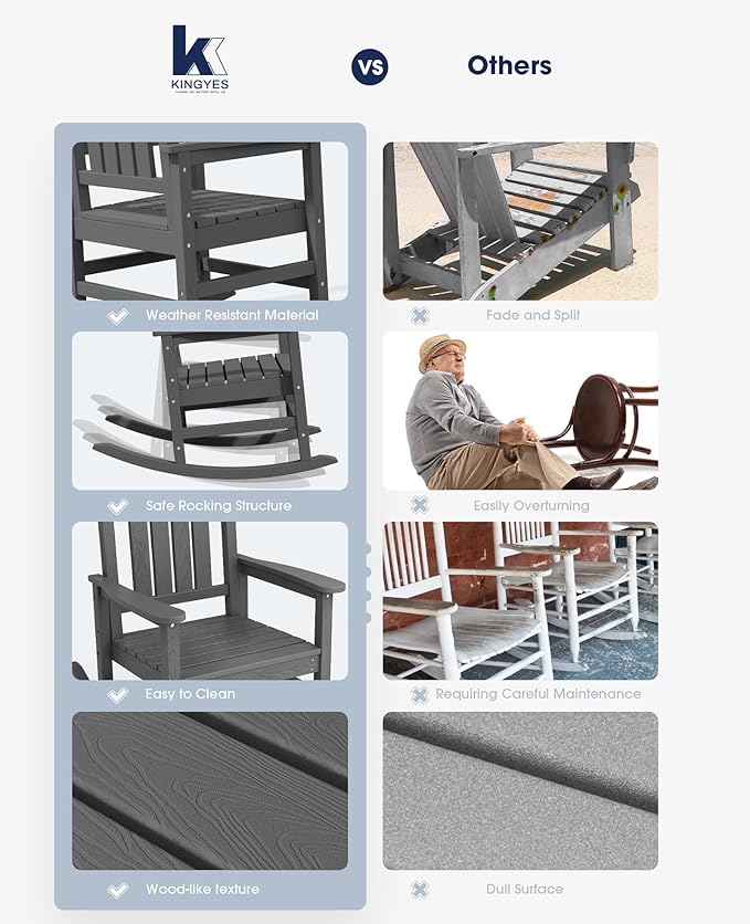 KINGYES Outdoor Rocking Chairs, HDPE All-Weather Patio Rocking Chairs High Back Porch Rocker for Adult, Gray