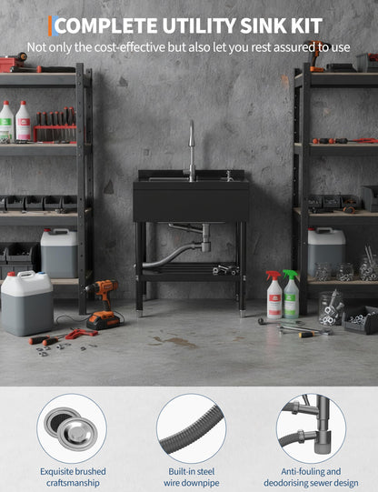 Freestanding Laundry Utility Sink, 31.1" × 22" × 37.8" Utility Sink with Washboard Set with Bracket and Drain Kit for Workshop, Laundry Room, Shop, Man Cave Outdoor and Indoor