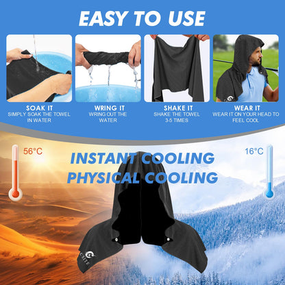 CSITE Cooling Hoodie Towels for Neck and Face, UPF 50 Sun Protection & Instant Cooling, Ice Towels for Hot Weather, Soft Breathable Towel for Sport, Work Out, Gym, Camping & More Activities（Black）