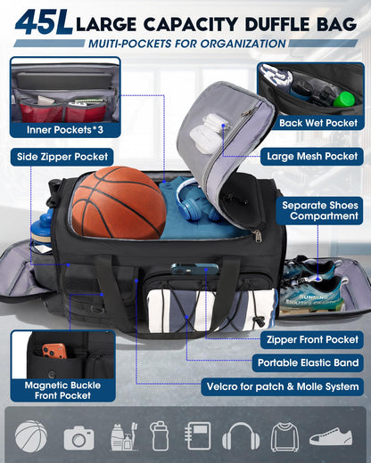 SDYSM Gym Bag for Men 45L Sports Duffel Bags 3-in-1 Travel Duffel Bag with Shoe Compartment, Gym Workout Backpack Carry On Weekender Bag Overnight Bag for Travel, Black