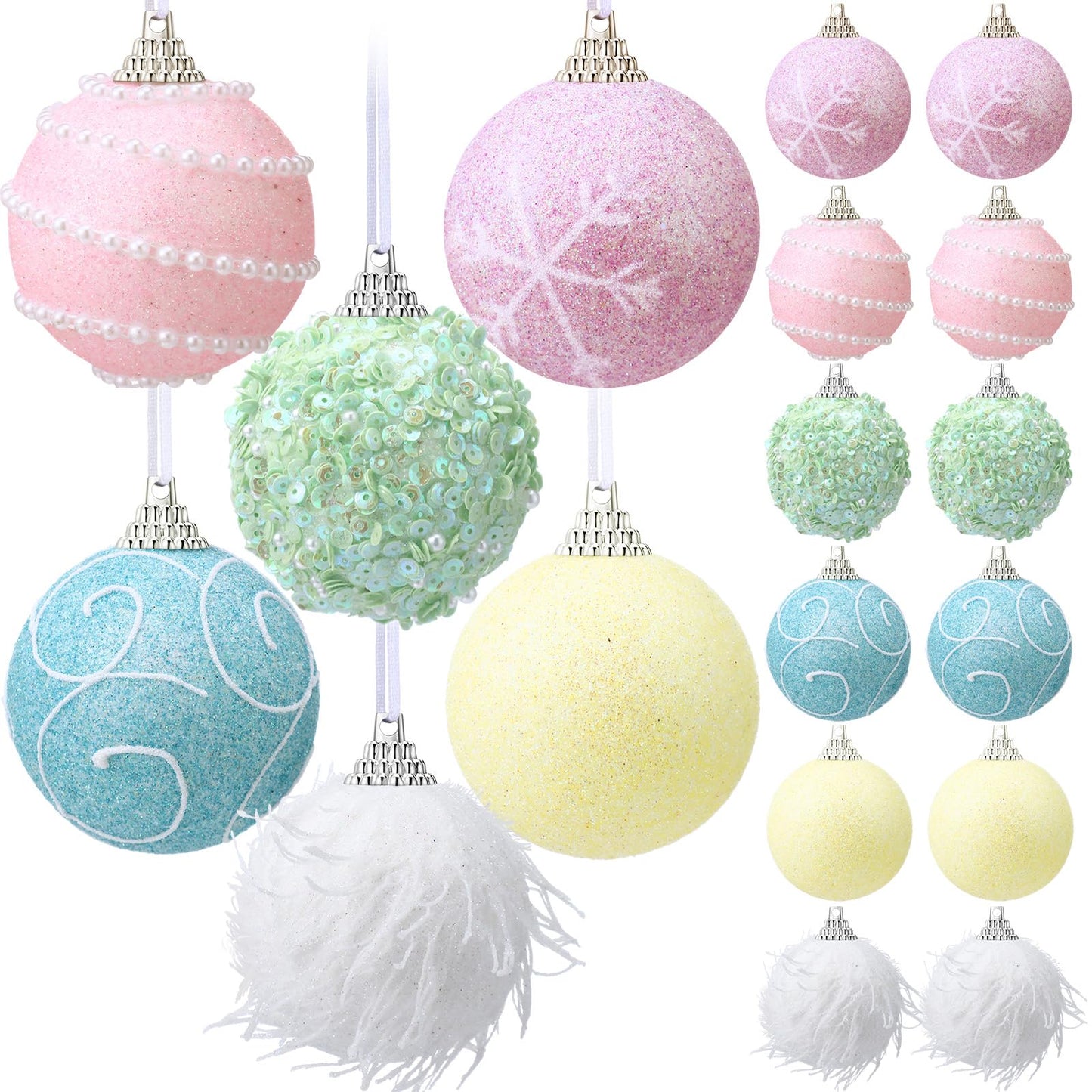Syhood 12 Pcs 2.4 Inch Pastel Winter Tree Ornament Pink Yellow Blue Shatterproof Xmas Ornament Glitter Foam Winter Balls Tree Decoration for Home Xmas Holiday Candyland Party Centerpiece