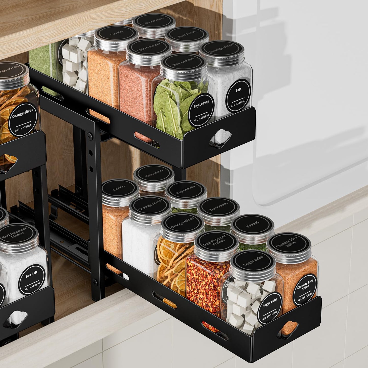 BOIVSHI Pull Out Spice Rack Organizer, 2-Tier Vertical Spice Rack, Height Adjustable for Kitchen Cabinet (5.3''Wx10.8''Dx9.2''H, Metal Black)