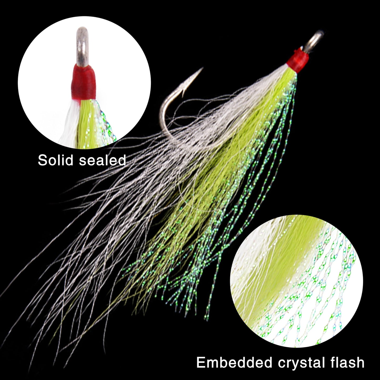 Bucktail Teasers Fishing Hooks Saltwater Flounder Rig Bucktail Mylar Teasers Inserted Stainless Steel Fishing Teaser Hooks for Striped Bass Trout Catfish Cod Flounder Hi/Lo Rig Jigs Spoons Lures