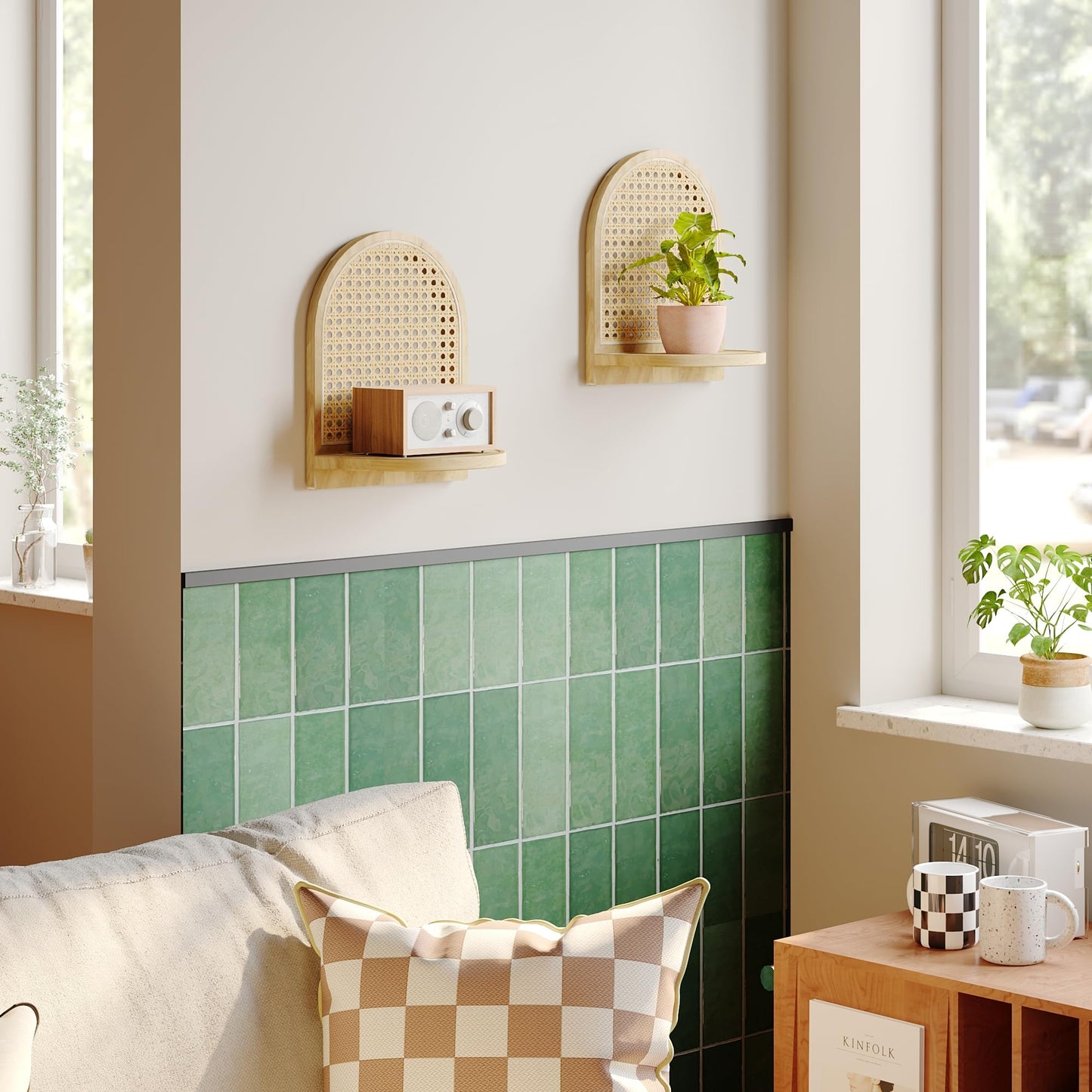 LUPWNEKA Arched Rattan Wall Shelf - Boho Rattan Floating Shelf with Grooved Edge, Unique Small Display Shelves, Natural Pine Wood Wall Decor for Bedroom, Living Room, Nursery Room, Set of 2, Natural