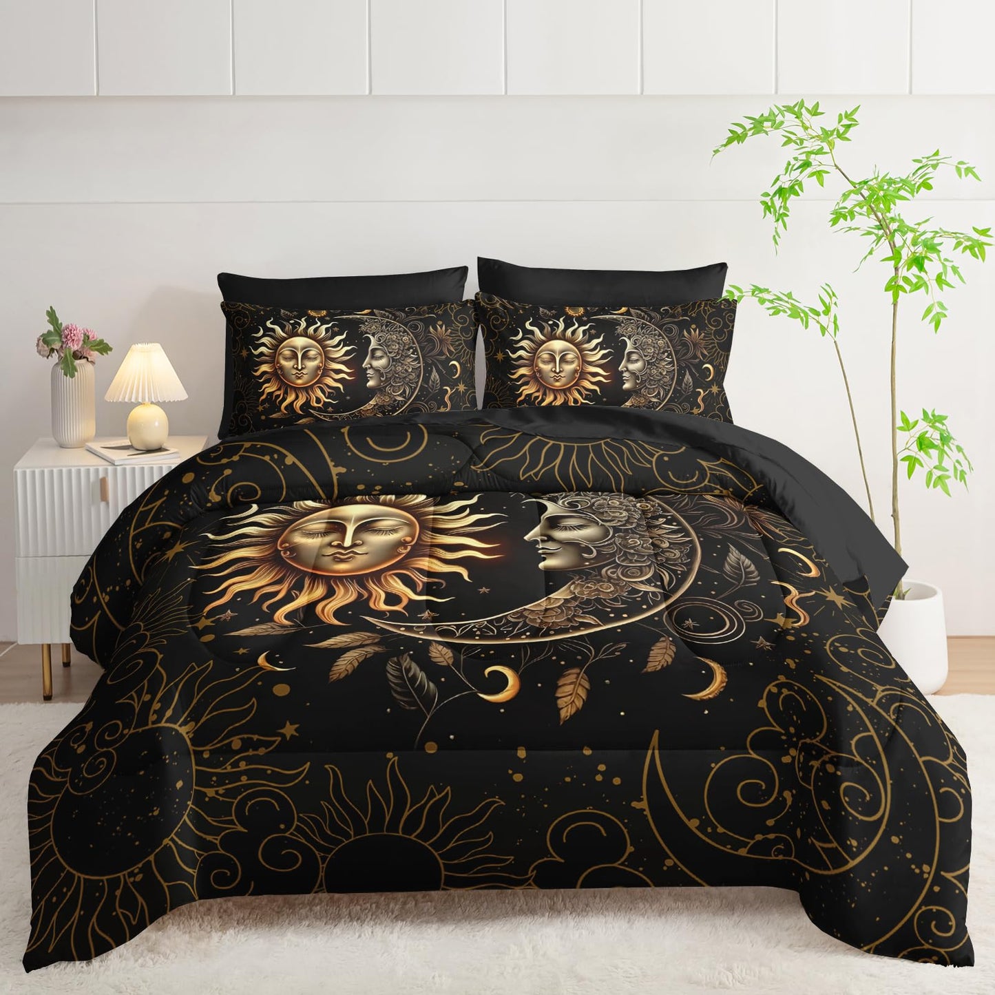 AILONEN Sun and Moon Comforter Set Queen - 7Pcs Soft Black Gold Boho Bed in a Bag -Including Comforter,Fitted Sheet,Flat Sheet,2 Pillowcases,2 Pillow Shams for Room