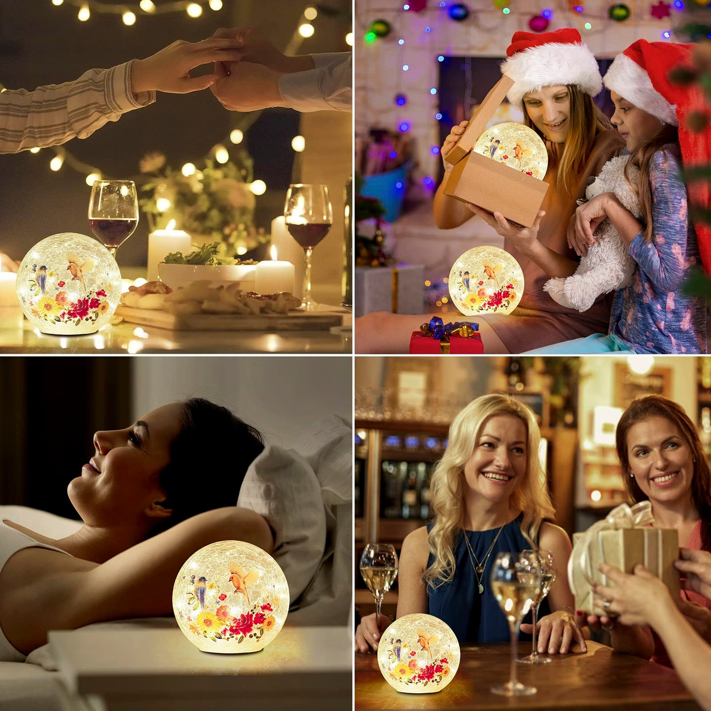 BERSCAH Glass Ball Light Crackle LED Night Light Flower Birds Grass Pattern Globe Glass Table Lamp, Orb Cardinal Night Light for Outdoor Decorations Pathway Patio Yard Lawn Bedroom - 1 Pack
