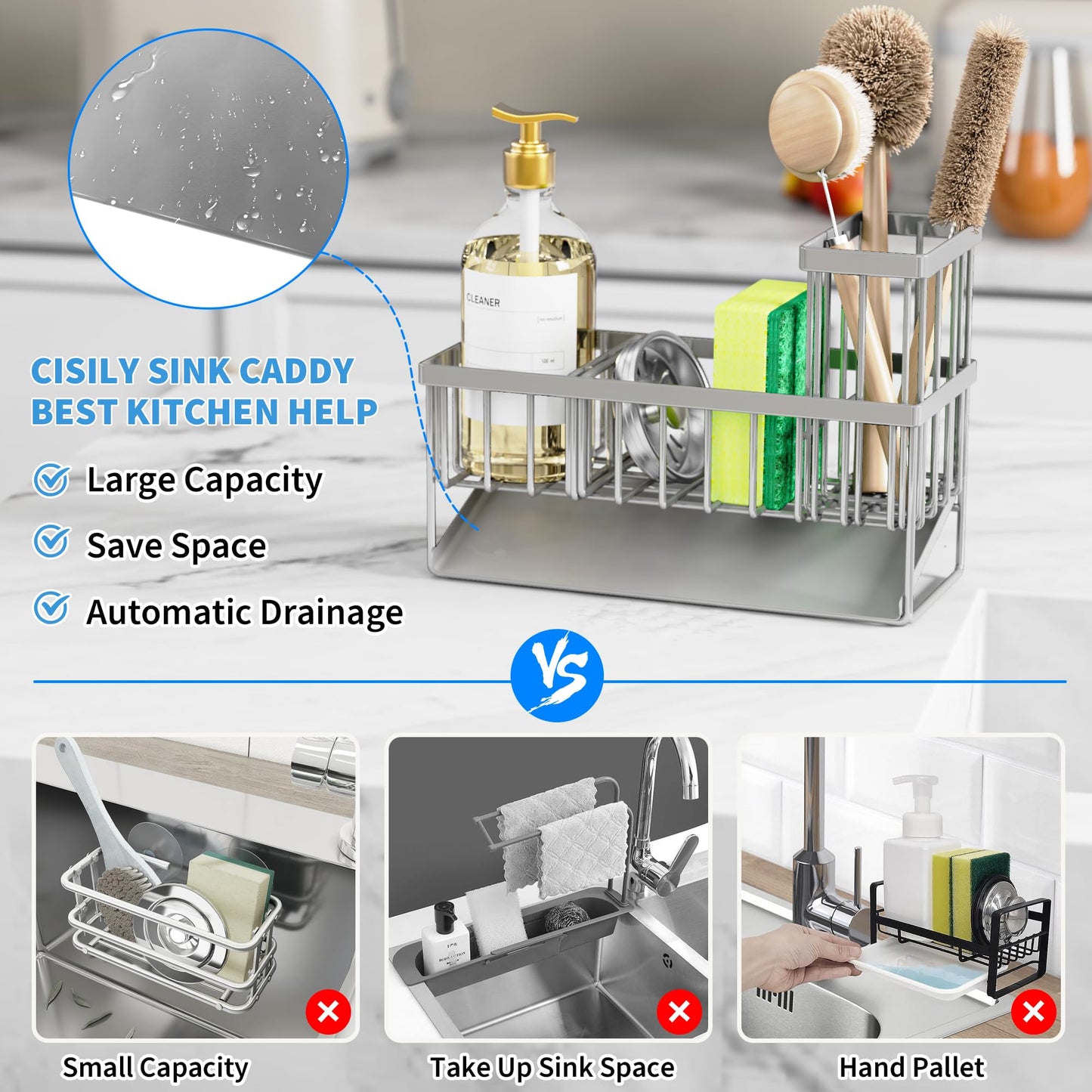 Cisily Kitchen Sink Caddy Organzier with High Brush Holder, Sponge Holder for Sink, 304 Rustproof Stainless, Kitchen Countertop Soap Dispenser Organizer, Kitchen Decor and Accessories