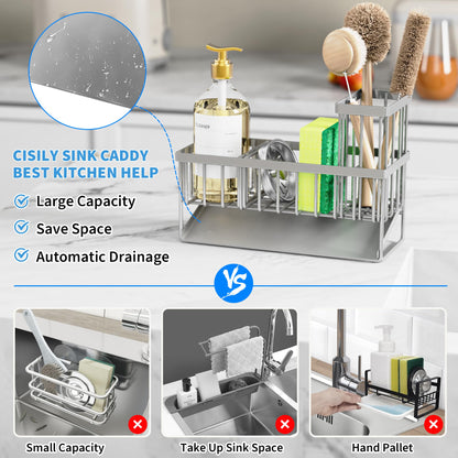 Cisily Kitchen Sink Caddy Organzier with High Brush Holder, Sponge Holder for Sink, 304 Rustproof Stainless, Kitchen Countertop Soap Dispenser Organizer, Kitchen Decor and Accessories