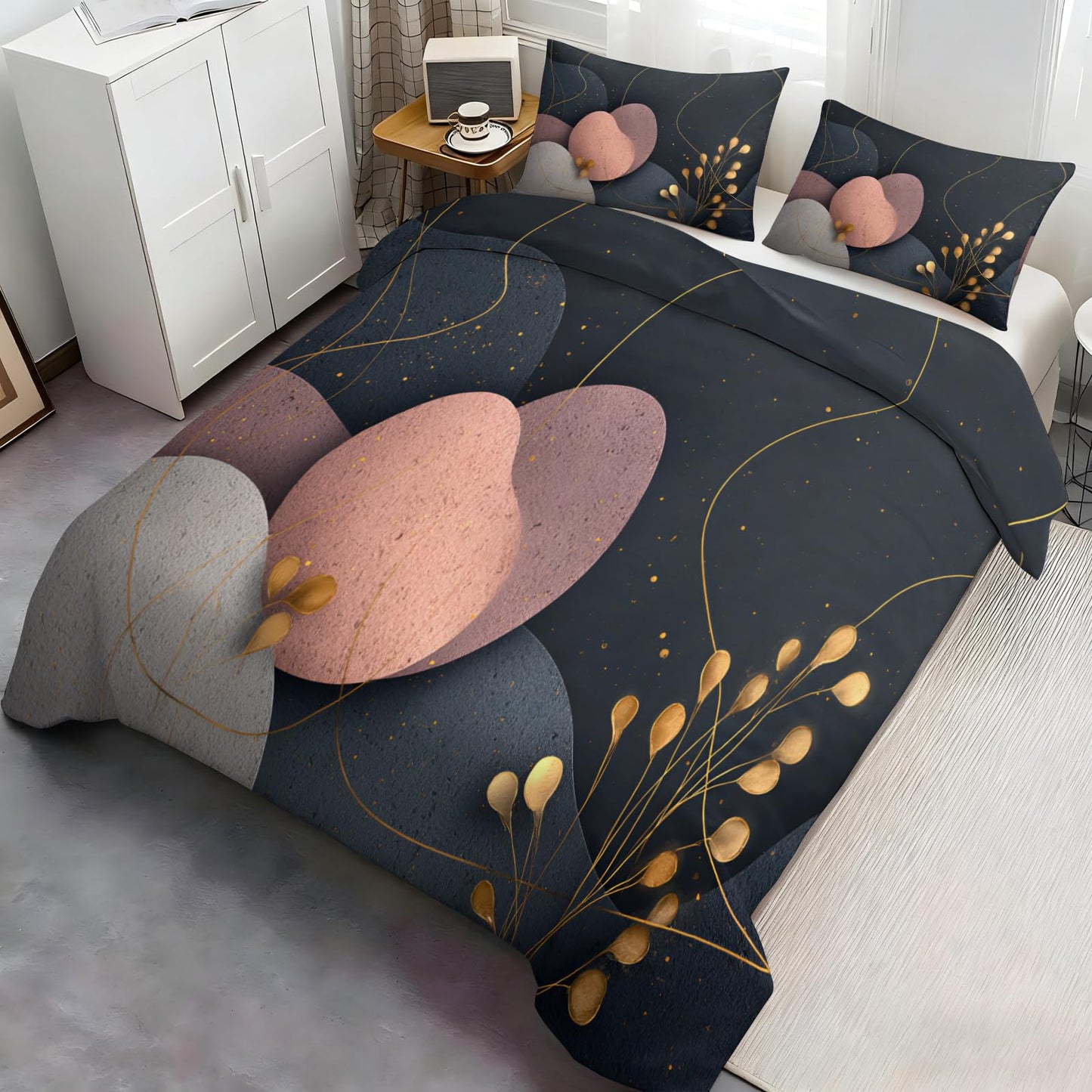 ZAOMIR Mid Century Modern Abstract Duvet Cover Twin Size, Dark Gray Black Rose Pink Geometric Bedding Set 3 Piece, Abstract Geometric Botanical Patterned Comforter Cover with Zipper, 2 Pillowcases