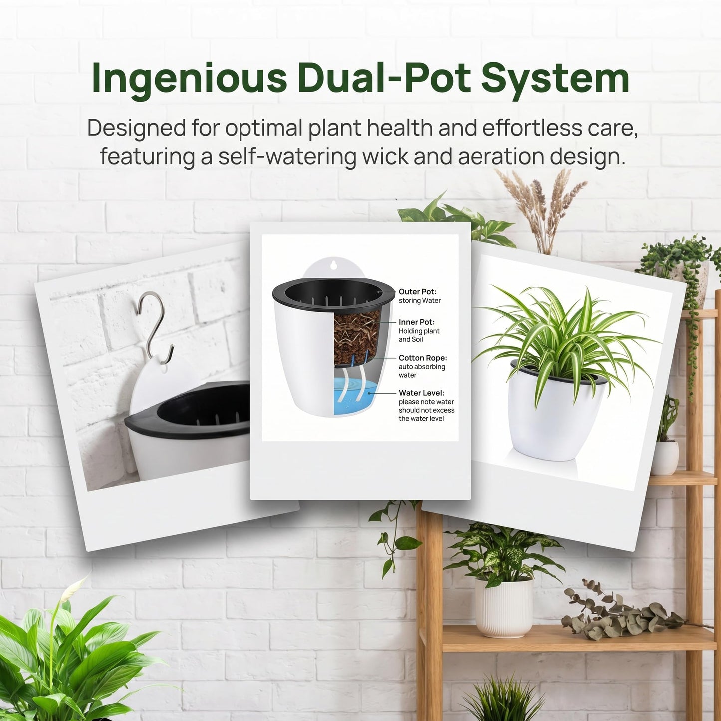 Jucoan 9 Pack Self Watering Wall Hanging Planters Pots for Indoor Plant, 5 Inch White Plastic Lazy Flower Pot with 9 Hooks for Garden Fence, Porch, Wall