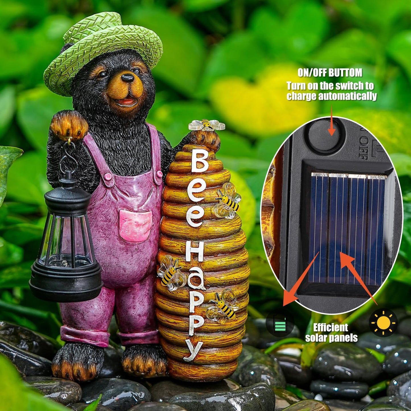 Joint Honglin Solar Black Bear Garden Statue with Lighted Beehive & Lantern, Resin Bear Holding Honey Bee Hive, Outdoor Waterproof Solar Garden Decor, Yard Lawn Patio Porch Farmhouse Decoration