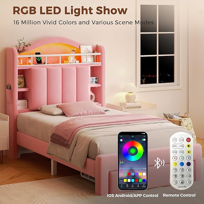 Twin LED Bed Frame with Storage Headboard & 2 Storage Drawers, Princess Velvet