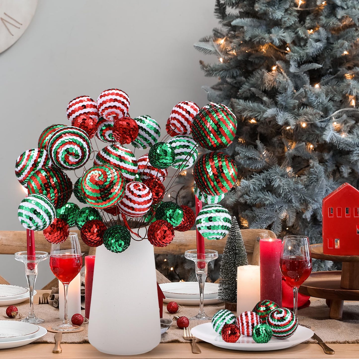 Hiboom 40 Set Independence Day Sequins Ball Decoration Picks Patriotic Ornaments 4th July Tree Decorations Sequin Ball Ornament for Memorial Day Veterans Patriotic USA Themed Party(Red, Green, White)