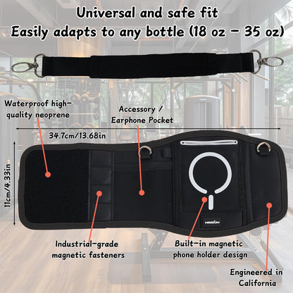 NAIDUNS Magnetic Gym Water Bottle Bag with Strong Magnetic Phone Holder, Pockets for Keys, Cards & Bluetooth Earbuds, Essential for Gym and Golf Cart, Unisex, Water Bottle Not Included