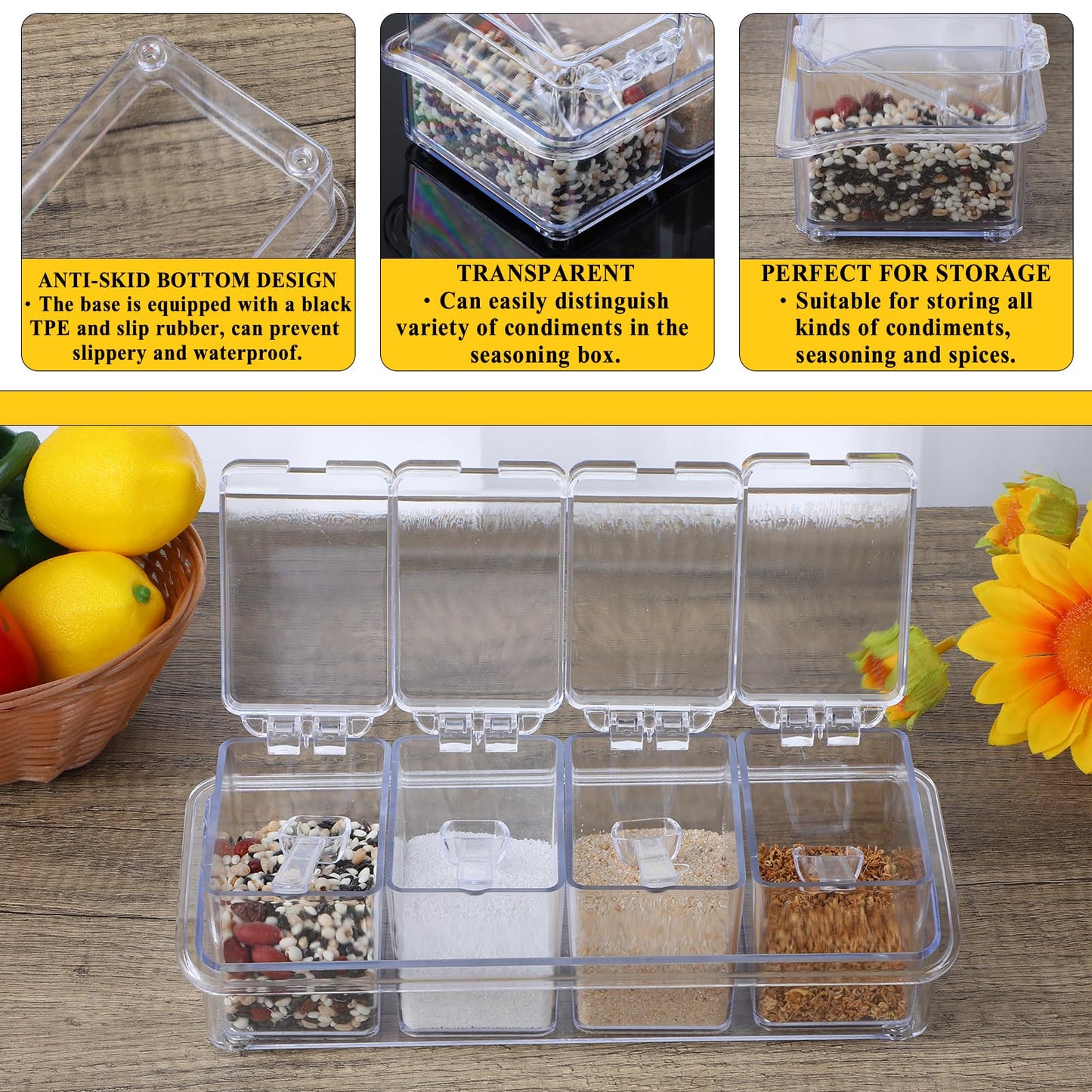 Tobeelec 4 Pcs Clear Seasoning Box with Spoons, 16 Pcs Kitchen Clear Seasoning Rack Spice Pots Spice Storage Containers Condiment, Transparent Spice Jars with Cover for Salt Candy Cruet Sugar