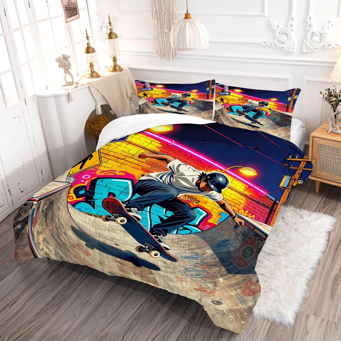 VTKON Skateboard Comforter Set for Teens Full 3Pcs with 1 Comforter and 2 Pillowcases Cool Graffiti Bedding Set Boys Sports Themed Bed Sets Microfiber for All Season