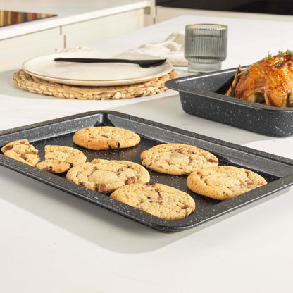 Salter COMBO-8261 Baking Tray Set of 2, Non-Stick Carbon Steel Oven Sheet, Easy Clean, Strong & Durable, Long Lasting, PFOA-Free, Megastone Collection, Black/Silver, 37 cm