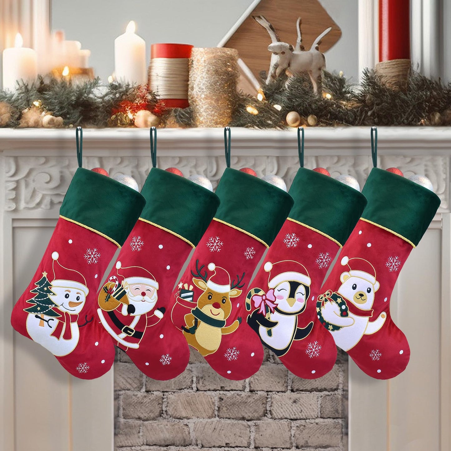 Ugiftcorner Red Velvet Christmas Stockings with Green Cuff 5 Pack Large Luxury Christmas Stockings for Family Holiday Decorations