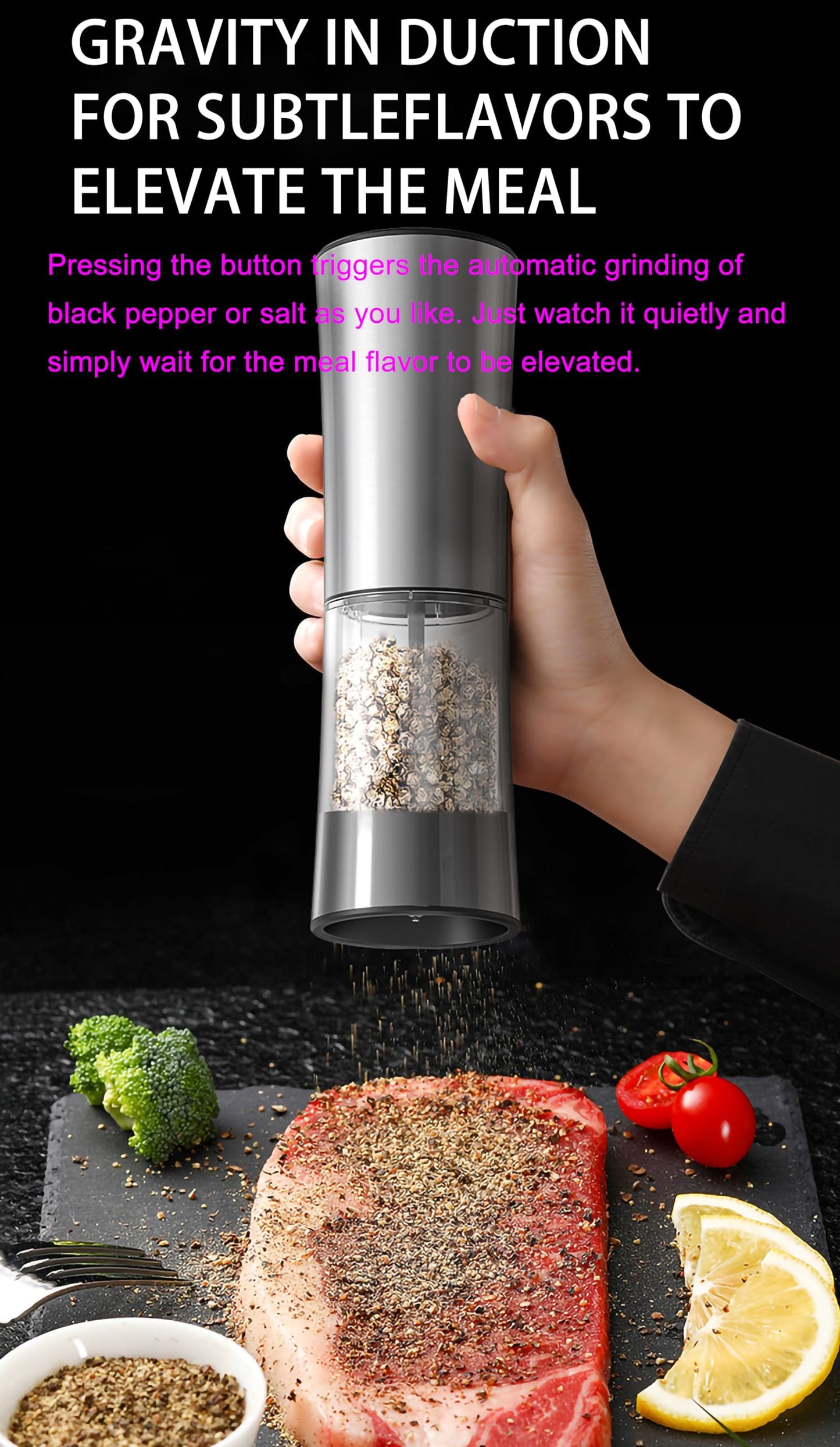 VITSOL Gravity Electric Salt and Pepper Grinder Set, No Battery Needed, One Handed Operation, Automatic Salt & Pepper Mill - Spice Grinder, LED Light (2 Pack) (Stainless Steel Silver)